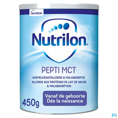 Nutrilon Pepti MCT | Allergies Proteines Lait de Vache et Malabsorbtion | Bébé 0-12 mois | Lait en Poudre pour Biberon | Boite 450g