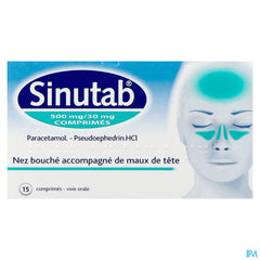 Sinutab® comprimés 500 mg/30 mg traite les symptômes du rhume et de la grippe tels que la congestion nasale, les maux de tête et/ou la fièvre, 15 comprimés.