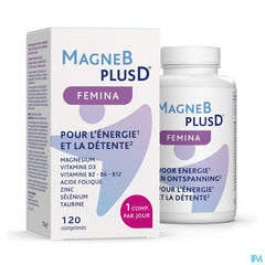 MagneBplusD Femina - Magnésium, Vitamine D, Vitamines B, Acide Folique, Zinc, Sélénium, Taurine - 120 comprimés