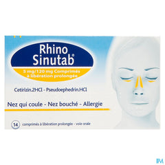 RhinoSinutab® comprimés soulage les symptômes allergiques tels que la congestion nasale, les éternuements, l’écoulement nasal et les démangeaisons du nez et des yeux, 14 comprimés