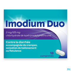 Imodium® Duo comprimés, traitement de la diarrhée accompagnée de crampes abdominales et de ballonnements, 18 comprimés