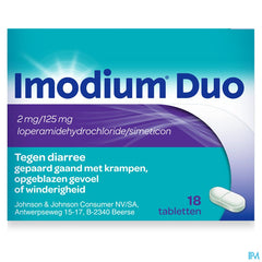 Imodium® Duo comprimés, traitement de la diarrhée accompagnée de crampes abdominales et de ballonnements, 18 comprimés