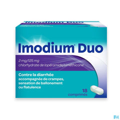 Imodium® Duo comprimés, traitement de la diarrhée accompagnée de crampes abdominales et de ballonnements, 18 comprimés