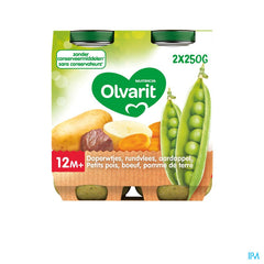 Olvarit Petit Pot Repas Bébé Dès 12 Mois Petits-Pois Boeuf PdT 2x250g