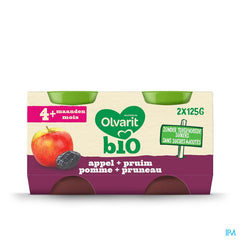 Olvarit Bio Compote Bébé Dès 4 Mois Pomme Pruneau 2x125g