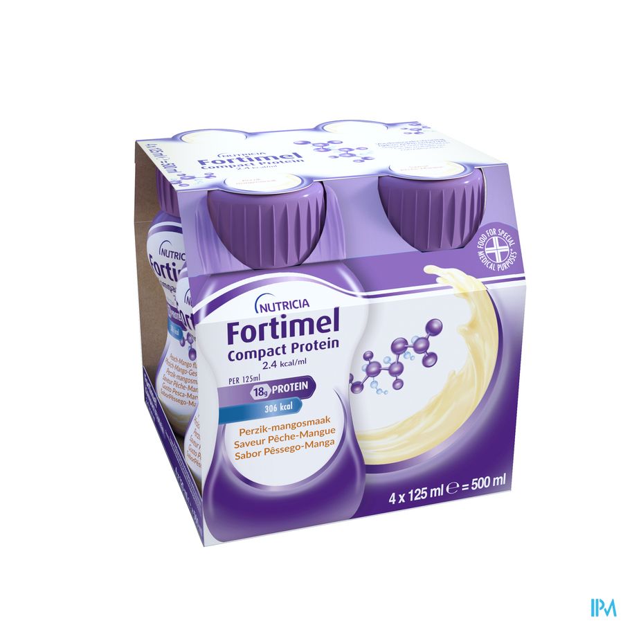 Fortimel Compact Protein 2.4kcal Arôme Pêche-mangue Complément Nutritionnel Dénutrition Bouteilles 4x125 ml