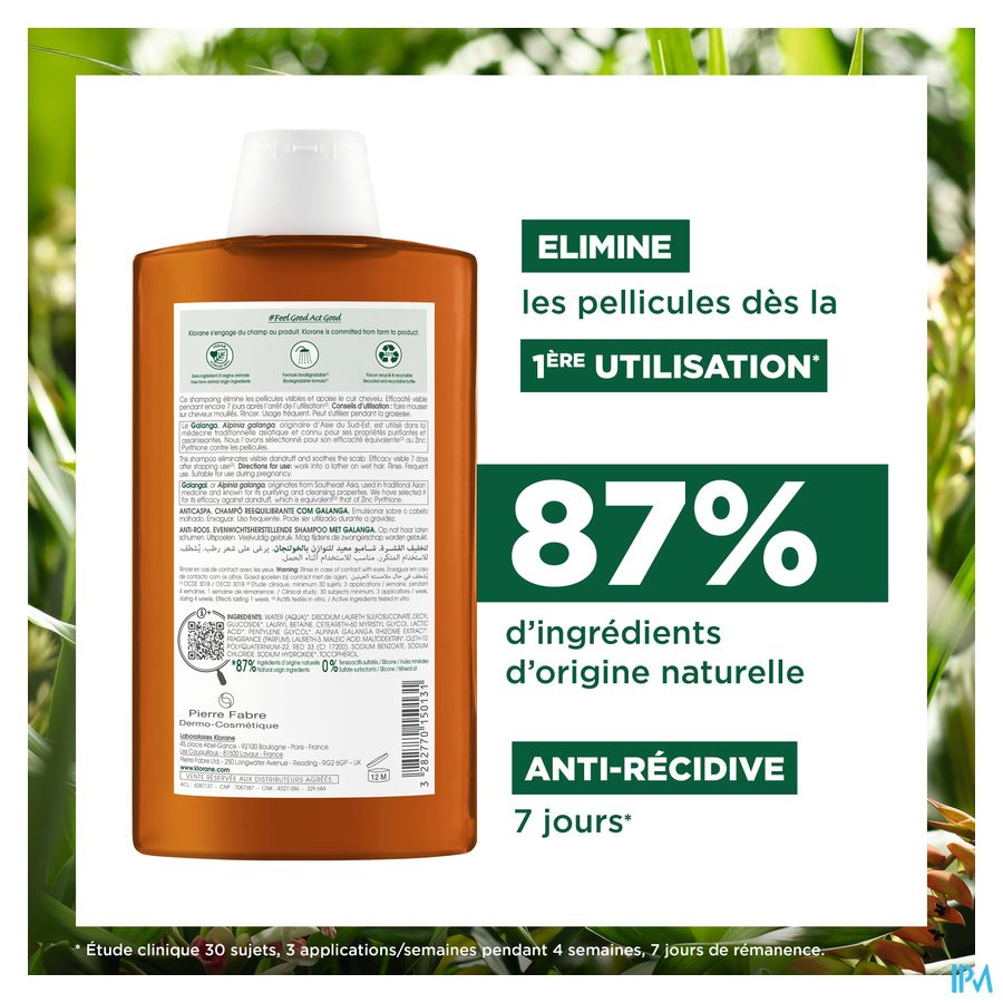 Klorane — Shampoing Rééquilibrant Antipelliculaire au Galanga — Pellicules libres