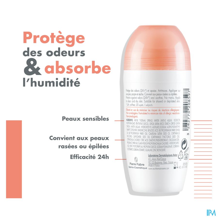Eau Thermale Avène BODY Déodorant Efficacité 24h Peaux sensibles Roll-On à l'huile de carthame