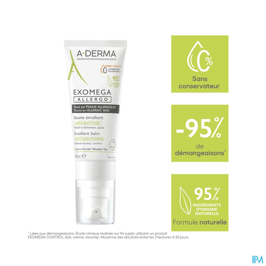 A-DERMA — EXOMEGA ALLERGO - BAUME ÉMOLLIENT COSMETIQUE STERILE -  Peaux allergiques anti-grattage démangeaisons