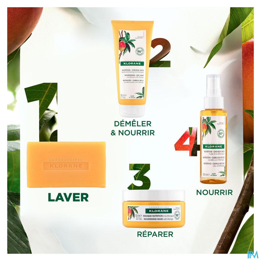 Klorane - Shampoing Solide à la Mangue - Nutrition - Cheveux secs hydratant et nourissant