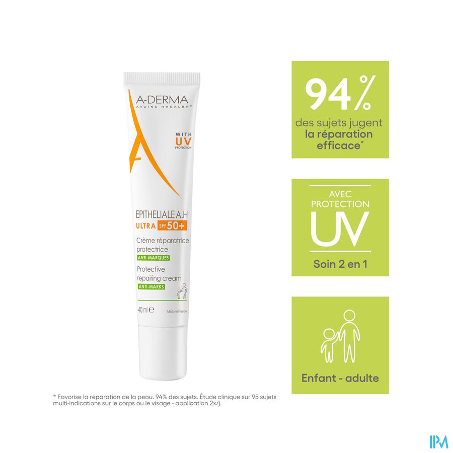 A-DERMA - EPITHELIALE A.H ULTRA SPF50+ CREME REPARATRICE ET PROTECTRICE ANTI-MARQUES - Peaux fragilisées, anti-marques cicatricielles et pigmentaires, post-acte dermatologique ou esthétique superficiel 100ml