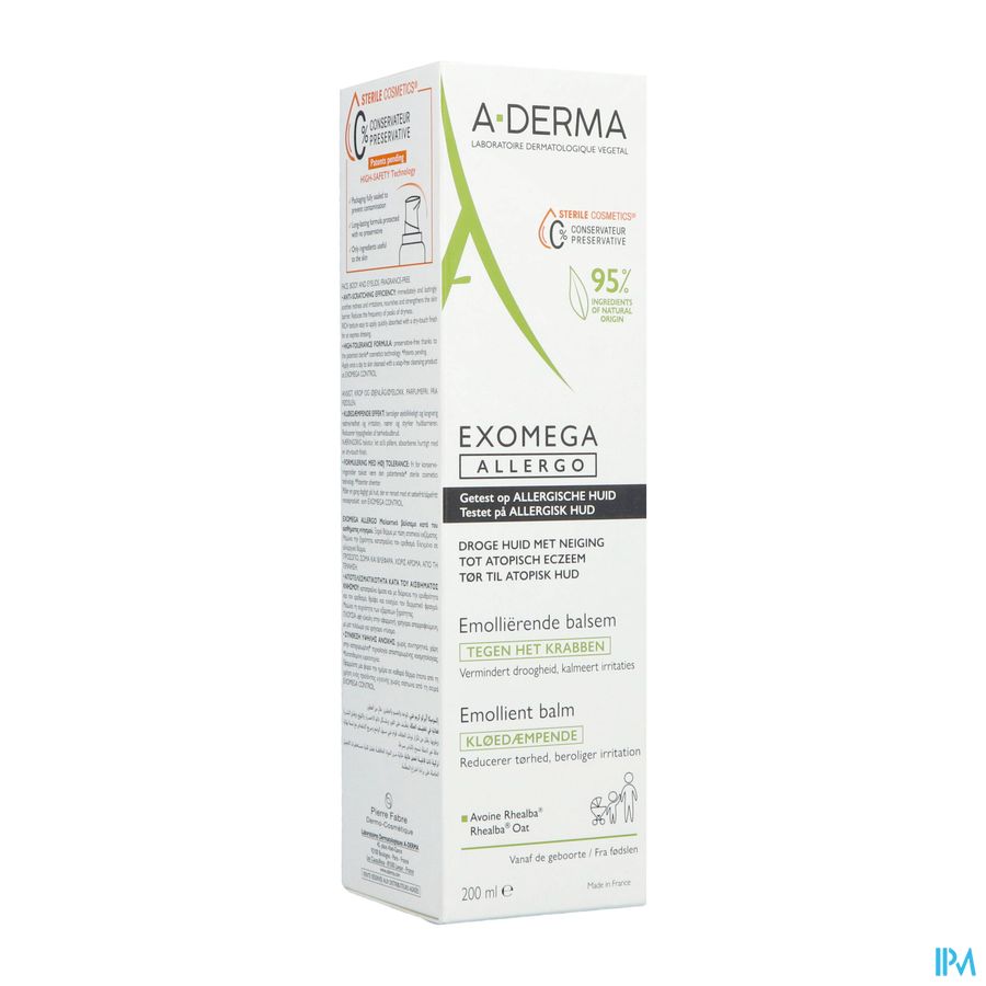 A-DERMA — EXOMEGA ALLERGO - BAUME ÉMOLLIENT COSMETIQUE STERILE -  Peaux allergiques anti-grattage démangeaisons