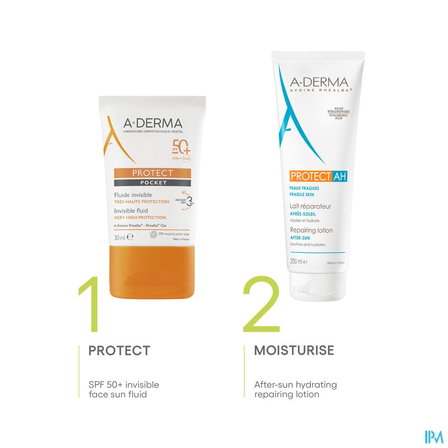 A-DERMA - PROTECT POCKET Fluide solaire visage invisible SPF50+ - Peaux fragiles mixtes à grasses