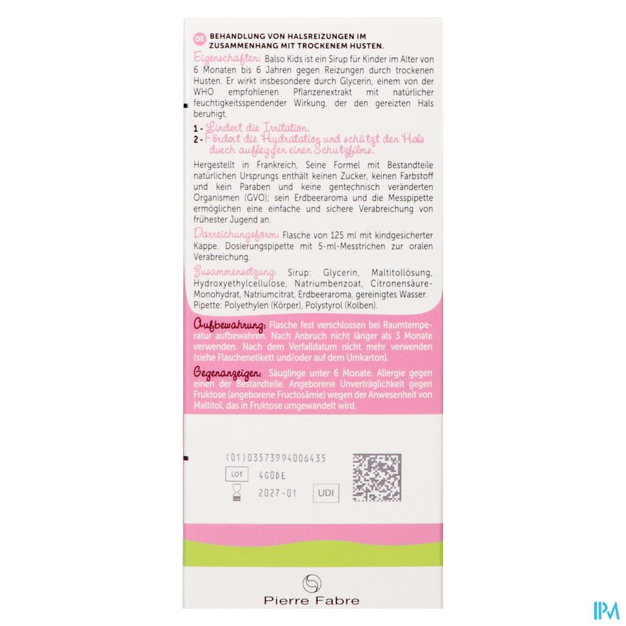Balso Kids Sirop Toux S/sucre 125ml + Pipette Nf