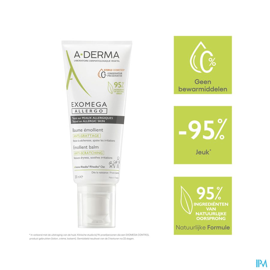 A-DERMA — EXOMEGA ALLERGO - BAUME ÉMOLLIENT COSMETIQUE STERILE -  Peaux allergiques anti-grattage démangeaisons