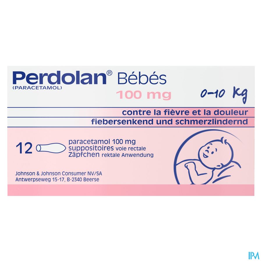 Perdolan® Bébés, suppositoires avec 100 mg de paracétamol, pour le traitement symptomatique de la fièvre et de la douleur chez les bébés, 12 suppositoires