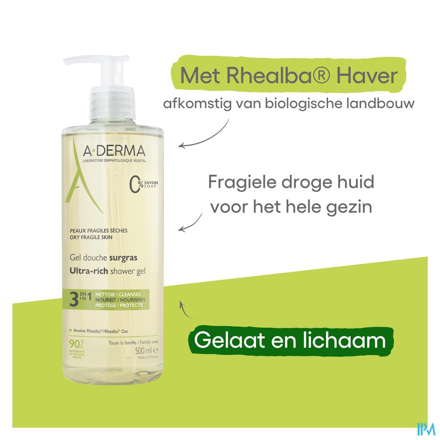 A-DERMA - LES INDISPENSABLES GEL DOUCHE SURGRAS  - Peaux fragiles sèches