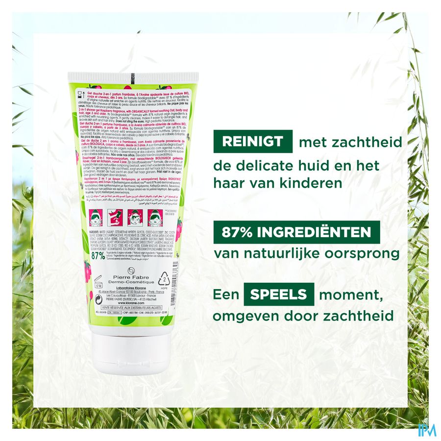 Klorane - Gel douche 2-en-1 à l’Avoine BIO - Framboise - Corps et Cheveux - Junior - Enfant