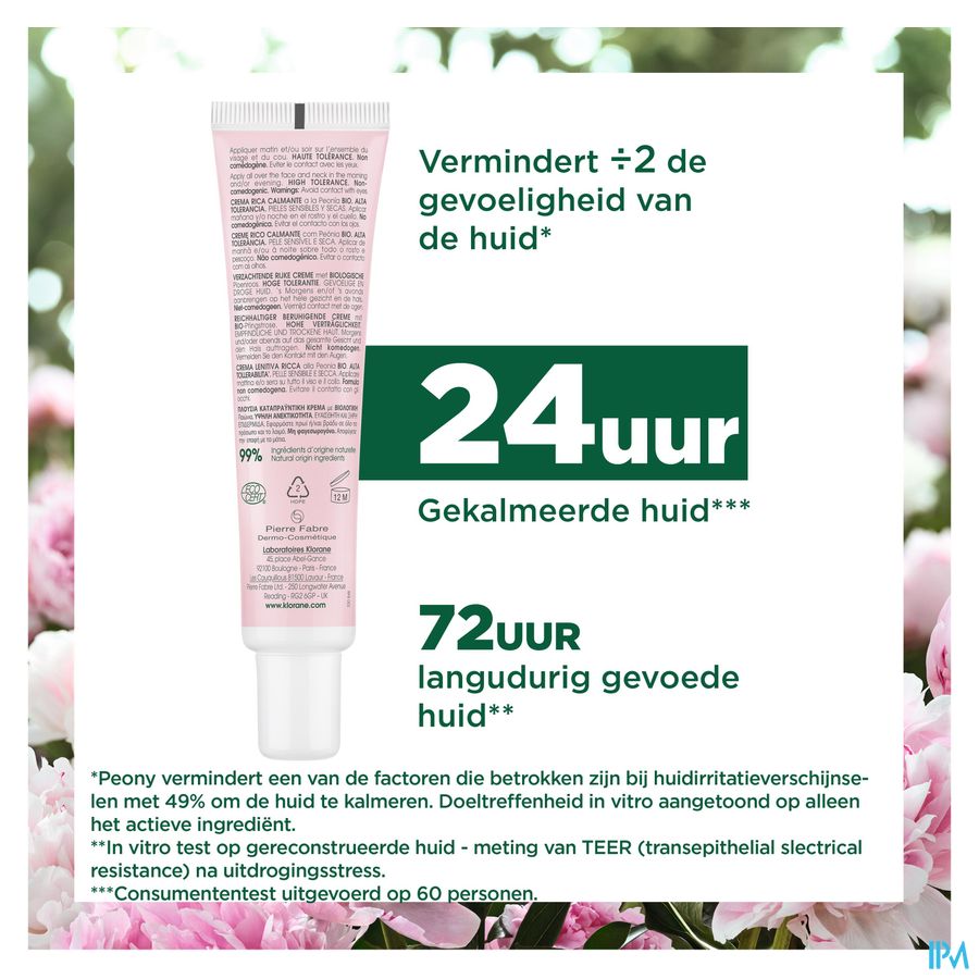 Klorane — Crème Riche Apaisante à la Pivoine BIO — Peaux sensibles et sèches