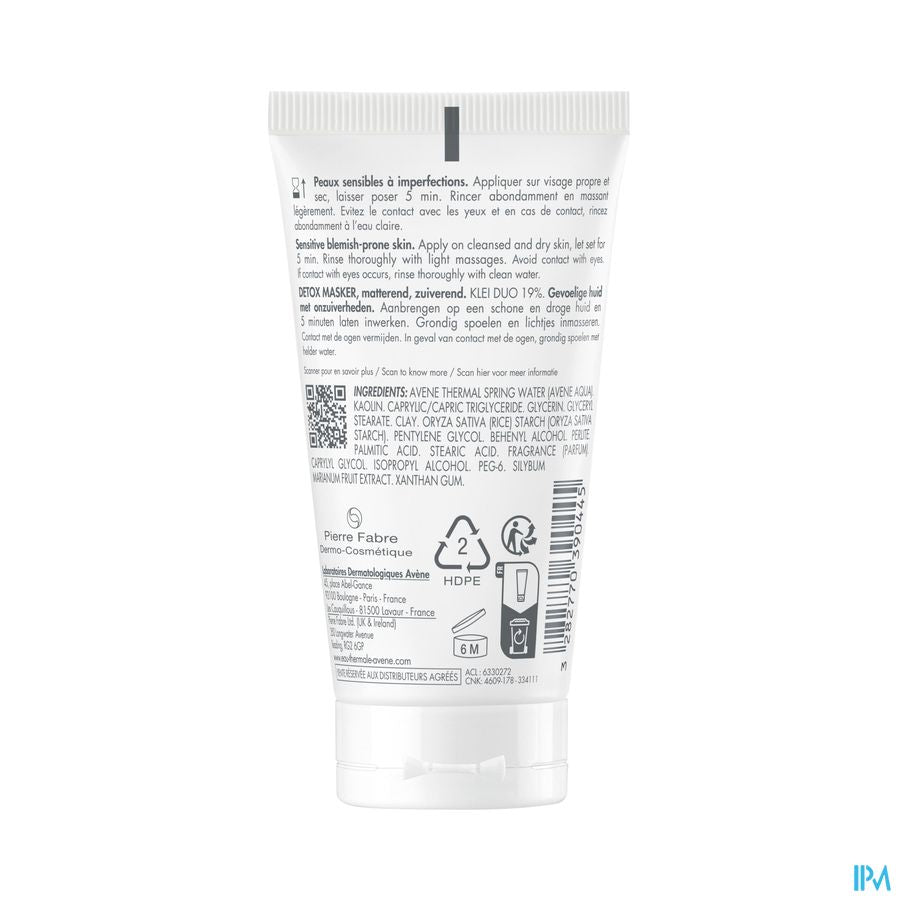 Eau Thermale Avène Masque CLEANANCE détox  - Matifiant, purifiant - Peaux sensibles, à imperfections