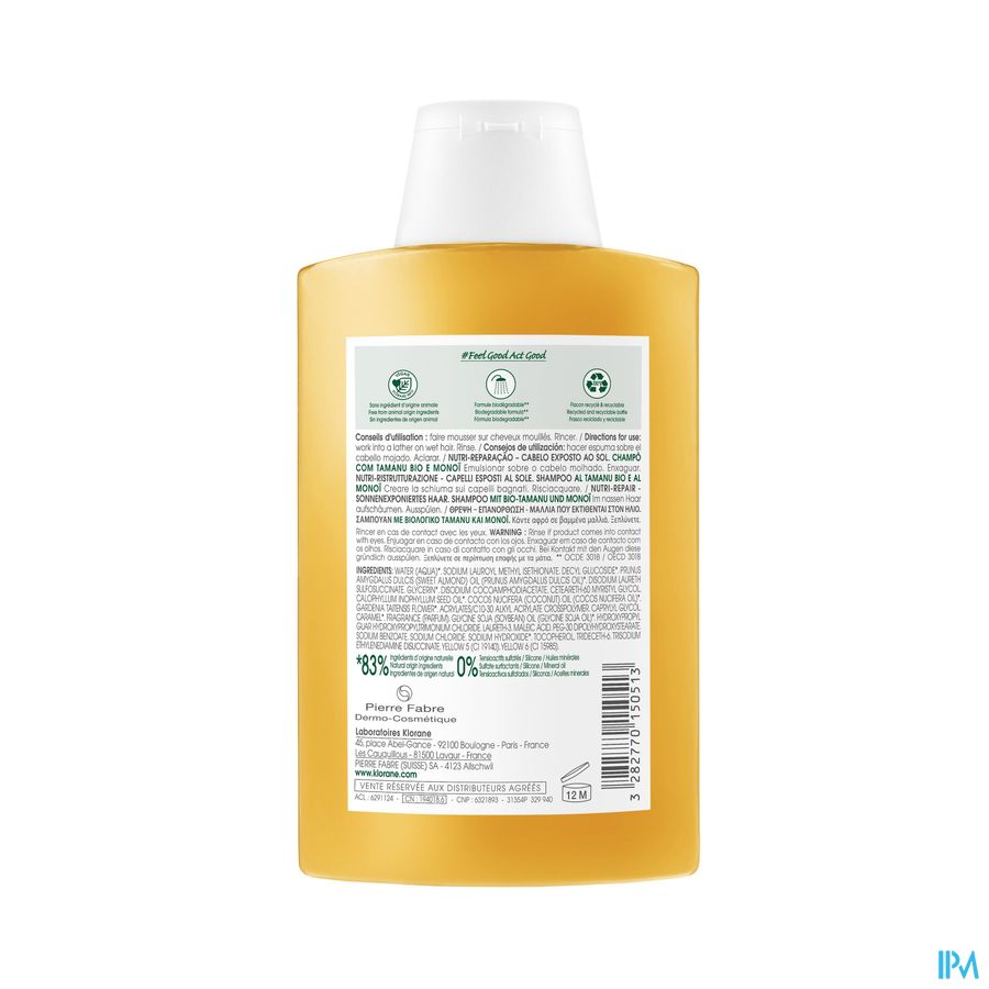 Klorane Shampoing nutritif après-soleil - Cheveux exposés au soleil - au Monoï & Tamanu BIO