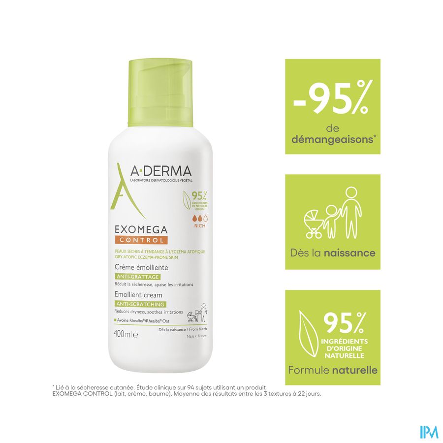 A-Derma Exomega control crème émolliente anti-grattage peau à tendance atopique 400ml