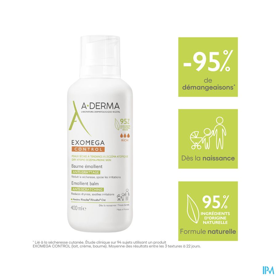 A-Derma Exomega Control Baume emollient Anti-grattage peau à tendance atopique 400ml