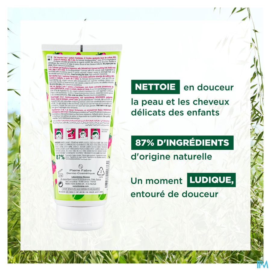 Klorane - Gel douche 2-en-1 à l’Avoine BIO - Framboise - Corps et Cheveux - Junior - Enfant