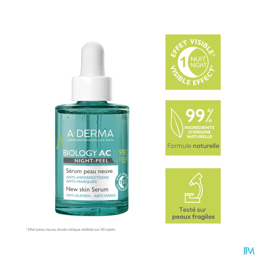 A-DERMA  BIOLOGY AC NIGHT-PEEL Sérum anti-imperfections - Effet peau neuve - Points noirs, acné