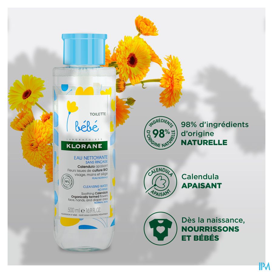 Klorane - Eau nettoyante sans rinçage au Calendula apaisant - Bébé - Peau normale