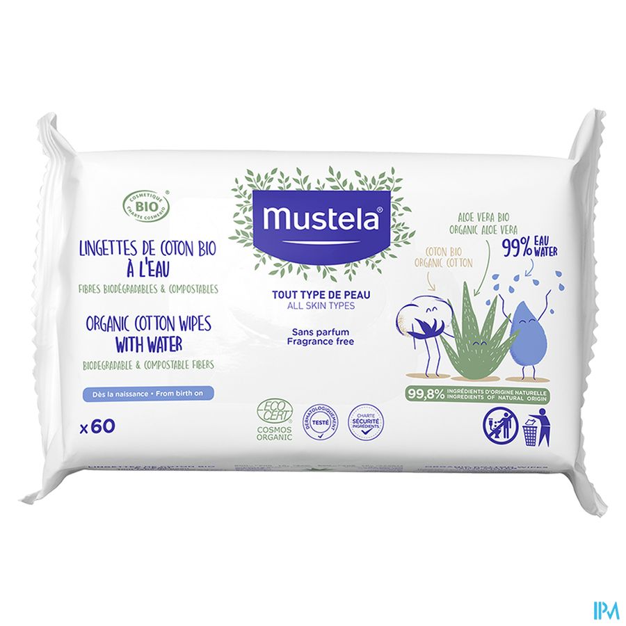 Mustela lingettes coton Bio à l'eau 60 pcs