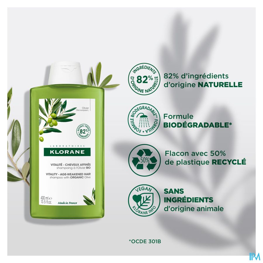 Klorane - Shampoing Vitalité à l'Olivier BIO - Cheveux affinés