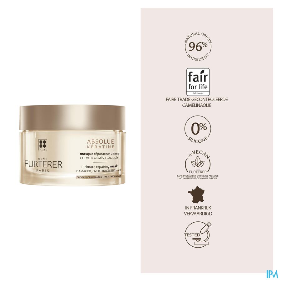 René Furterer Masque réparateur ultime - Cheveux normaux à fins  - Masque à la Kératine pour cheveux abimés - ABSOLUE KERATINE