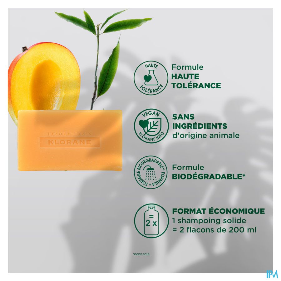 Klorane - Shampoing Solide à la Mangue - Nutrition - Cheveux secs hydratant et nourissant