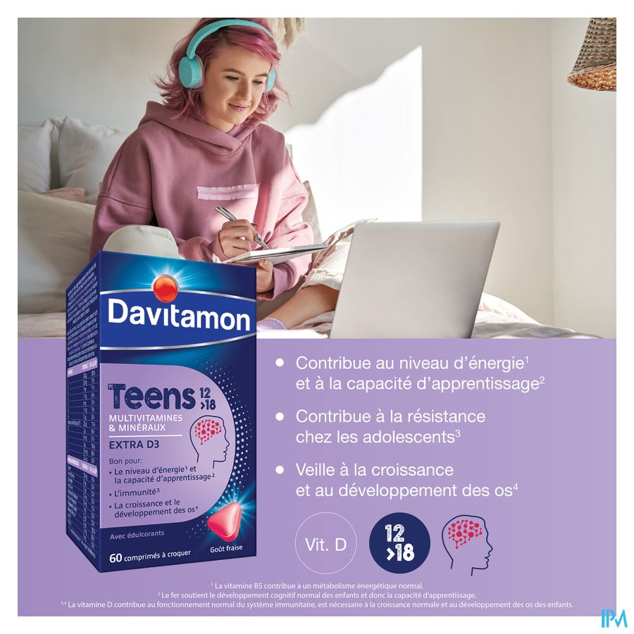 Davitamon® Teens (12>18) Multivitamines 60 Cpr. (Fraise) – Énergie, Résistance