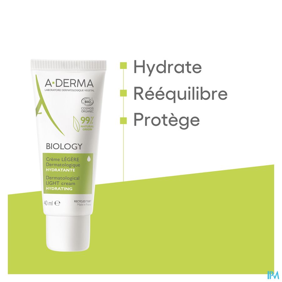 A-DERMA - BIOLOGY CRÈME LÉGÈRE DERMATOLOGIQUE HYDRATANTE - Crème visage hydratante légère - BIOLOGY