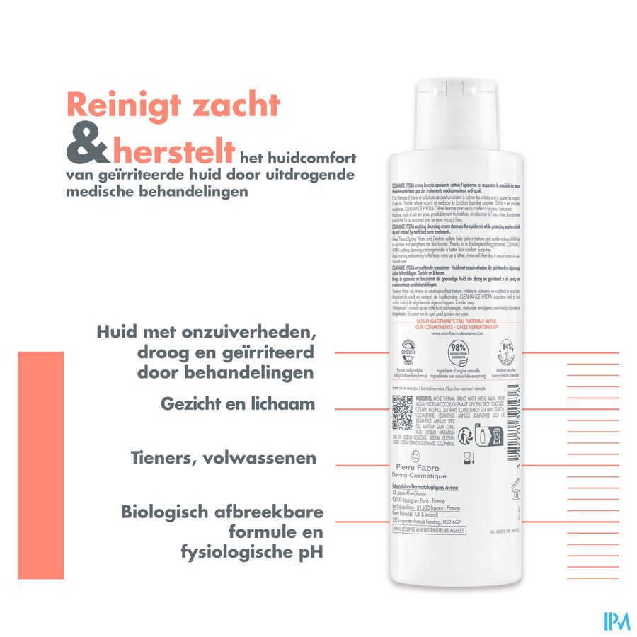 Eau Thermale Avène CLEANANCE HYDRA Crème lavante apaisante - Peaux à imperfections irritées et desséchées par des traitements - Visage et Corps