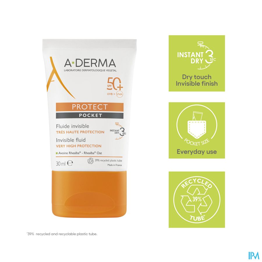 A-DERMA - PROTECT POCKET Fluide solaire visage invisible SPF50+ - Peaux fragiles mixtes à grasses