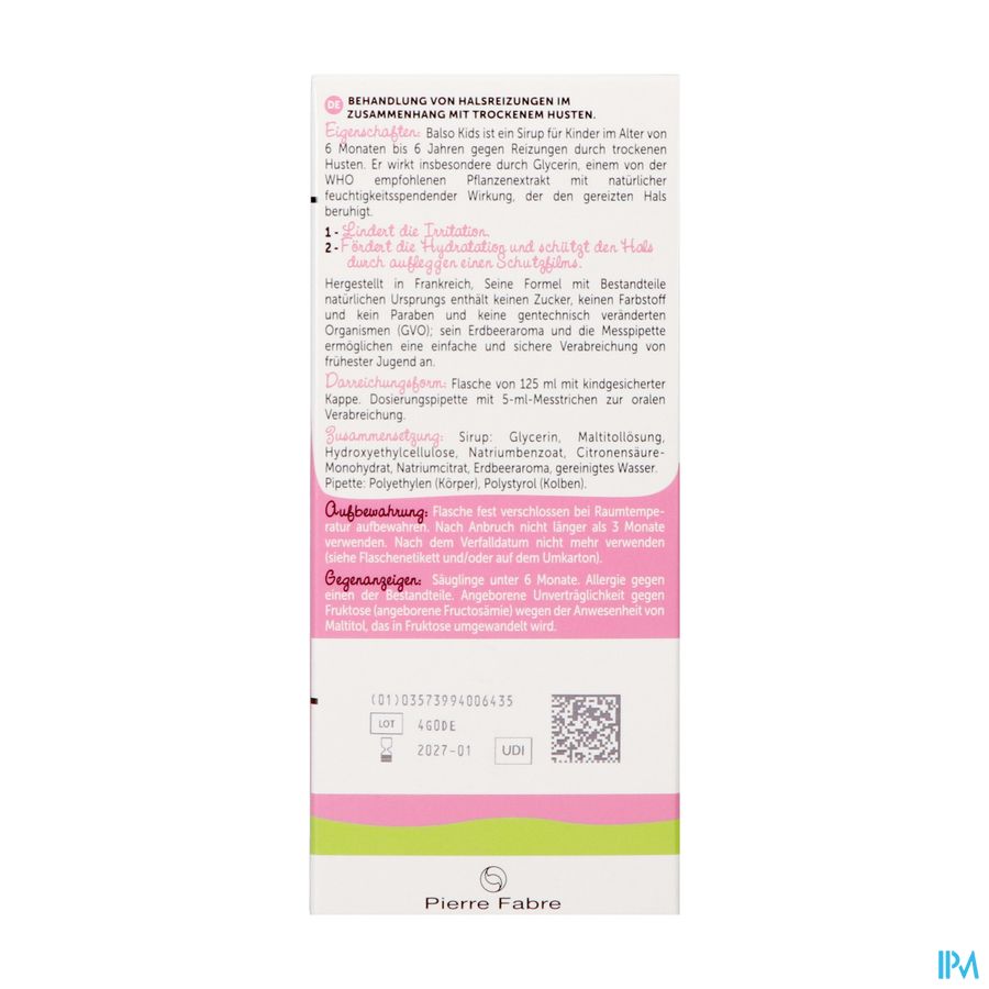 Balso Kids Sirop Toux S/sucre 125ml + Pipette Nf