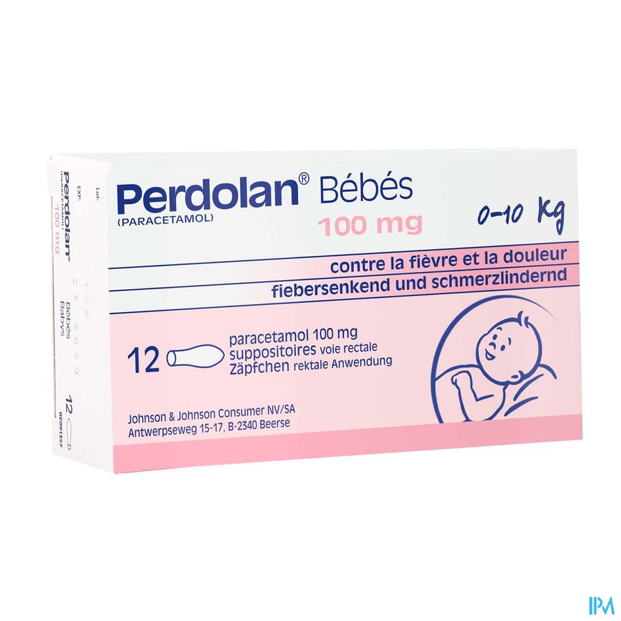 Perdolan® Bébés, suppositoires avec 100 mg de paracétamol, pour le traitement symptomatique de la fièvre et de la douleur chez les bébés, 12 suppositoires