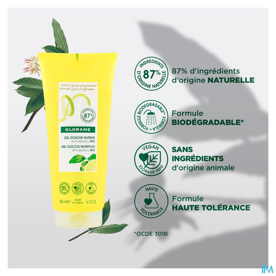 Klorane - Gel douche au Cupuaçu BIO - Zeste d’Agrumes - Tous types de peaux