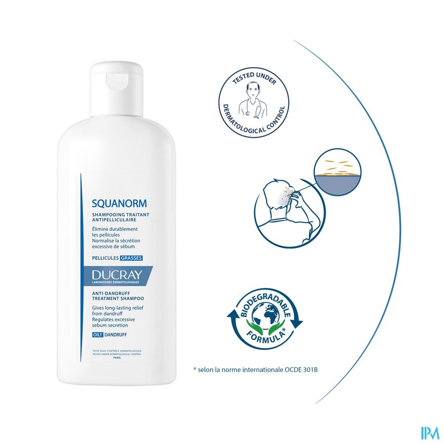 Ducray - Shampooing Traitant Antipelliculaire Pellicules Grasses - Shampoing anti pelliculaire grasse - Squanorm 