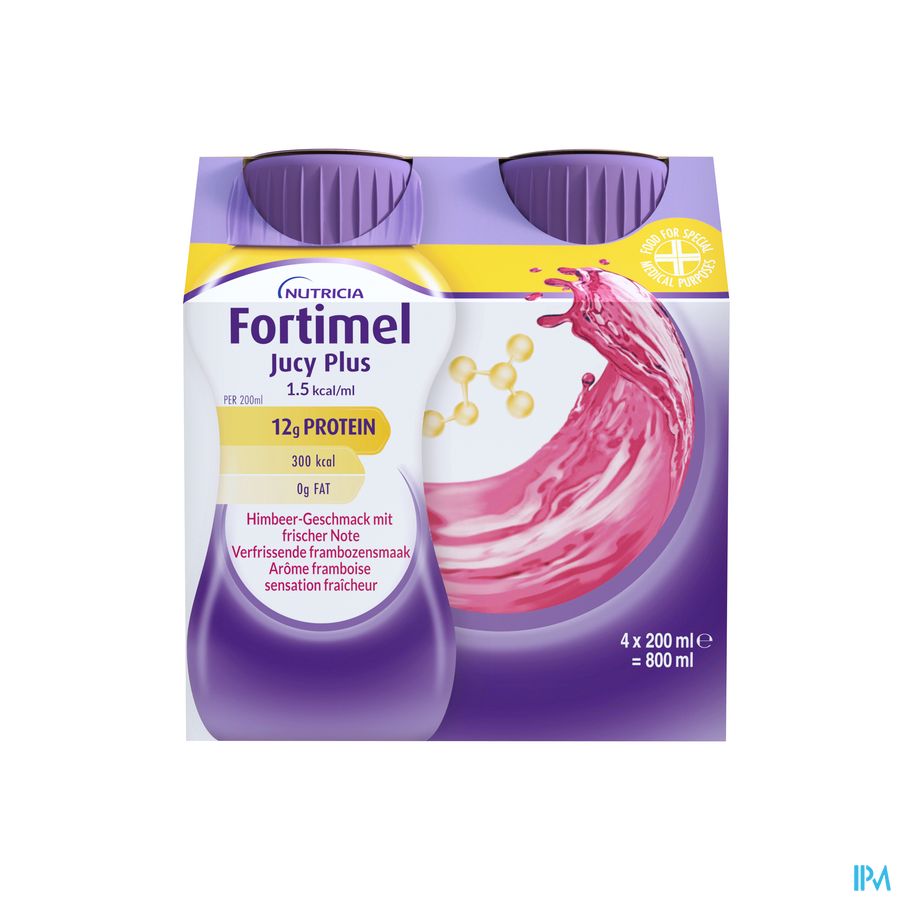 Fortimel Jucy Plus Arôme Framboise Sensation Fraîcheur Complément Nutritionnel Dénutrition Bouteilles 4x200ml