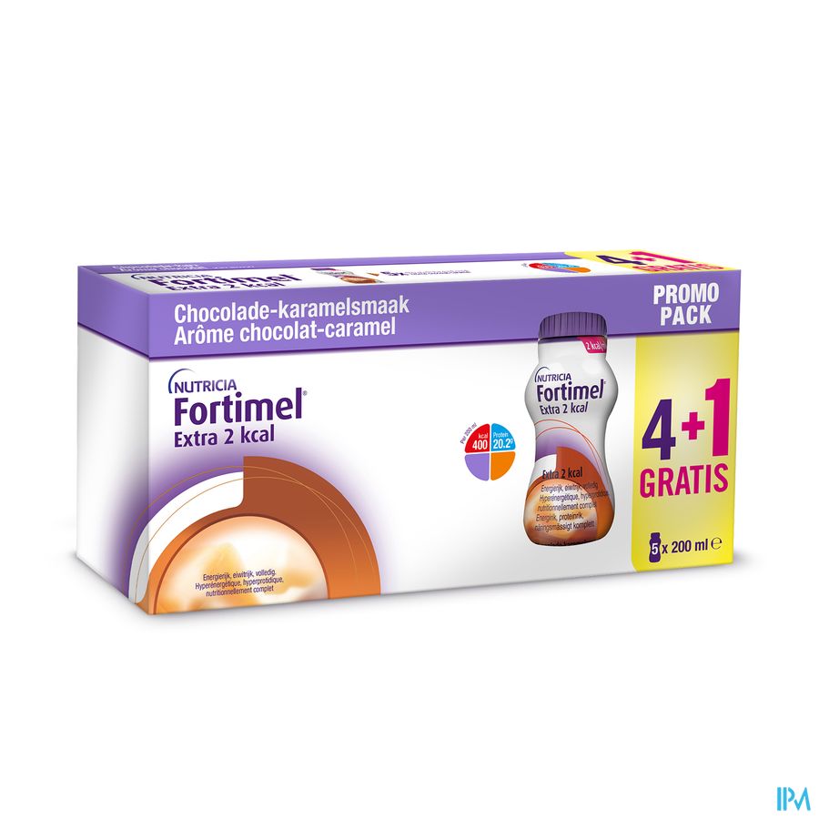 Fortimel Extra 2kcal Promo 4+1 Arôme Choco-Caramel Complément Nutritionnel Dénutrition Bouteilles 5x200ml