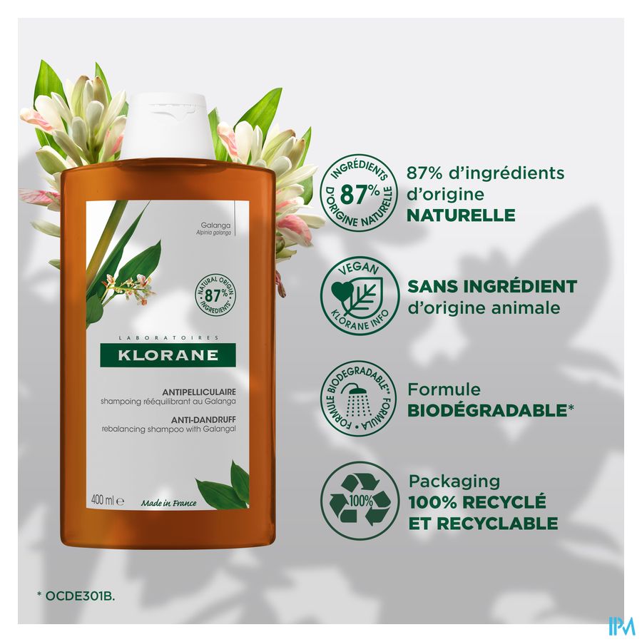 Klorane — Shampoing Rééquilibrant Antipelliculaire au Galanga — Pellicules libres