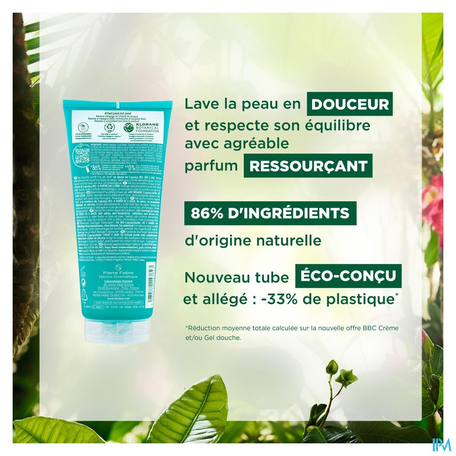 Klorane - Gel douche au beurre de Cupuaçu BIO - Eau de Tiaré - Tous types de peaux