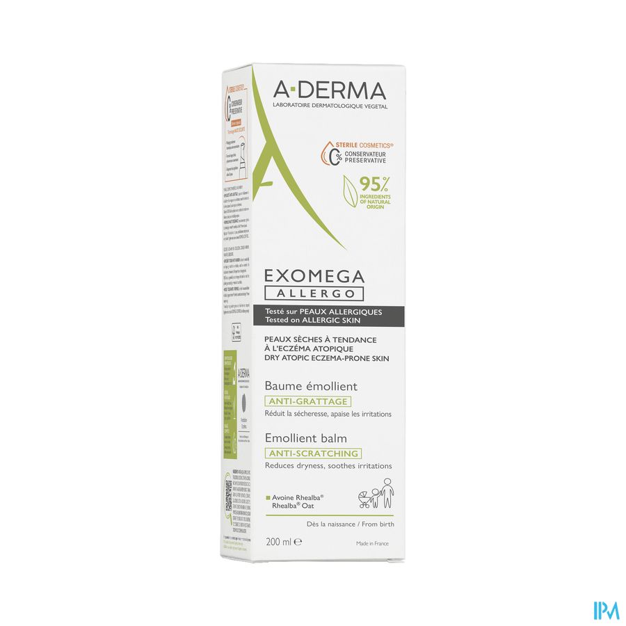A-DERMA — EXOMEGA ALLERGO - BAUME ÉMOLLIENT COSMETIQUE STERILE -  Peaux allergiques anti-grattage démangeaisons