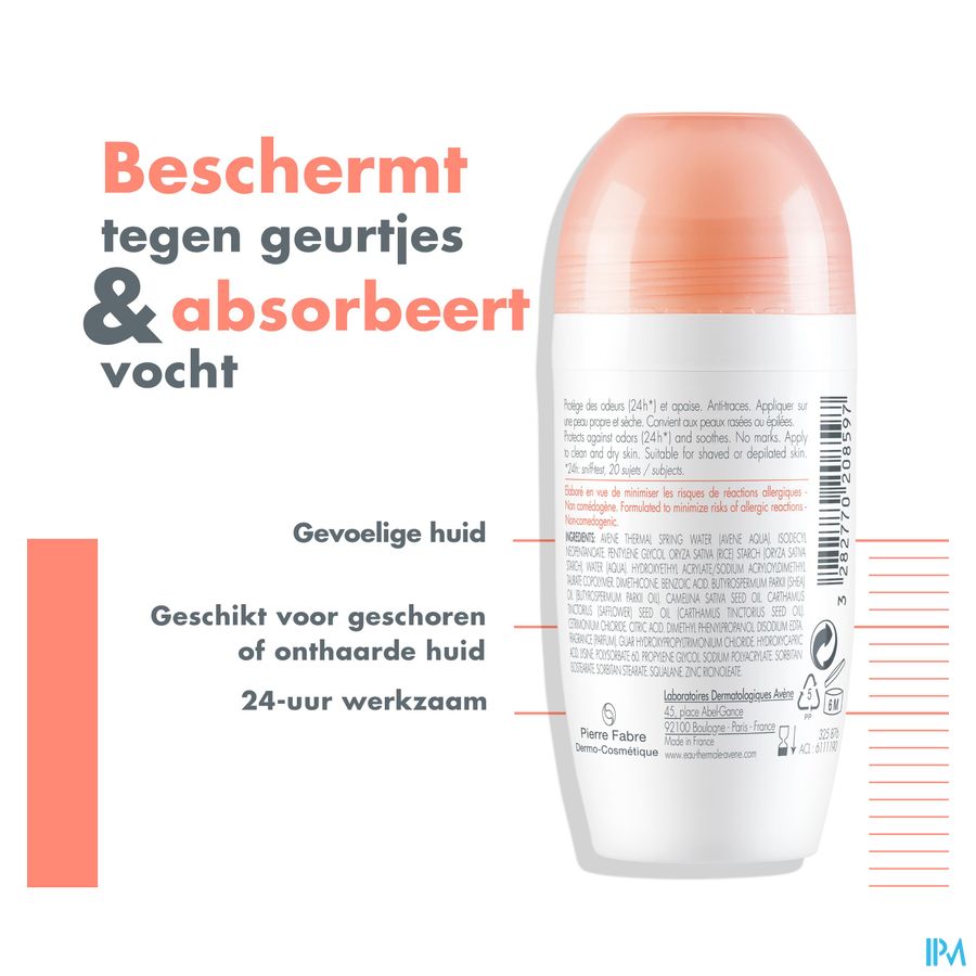 Eau Thermale Avène BODY Déodorant Efficacité 24h Peaux sensibles Roll-On à l'huile de carthame
