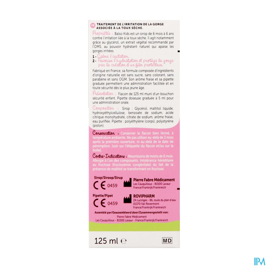 Balso Kids Sirop Toux S/sucre 125ml + Pipette Nf