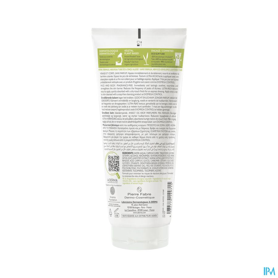 A-Derma Exomega Control Baume emollient Anti-grattage peau à tendance atopique 400ml